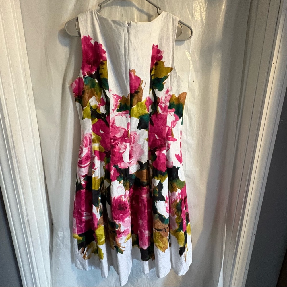 Jones New York Floral Dress Sz 8 Sleeveless A-Line Pleated Cotton Stretch White - Picture 2 of 9